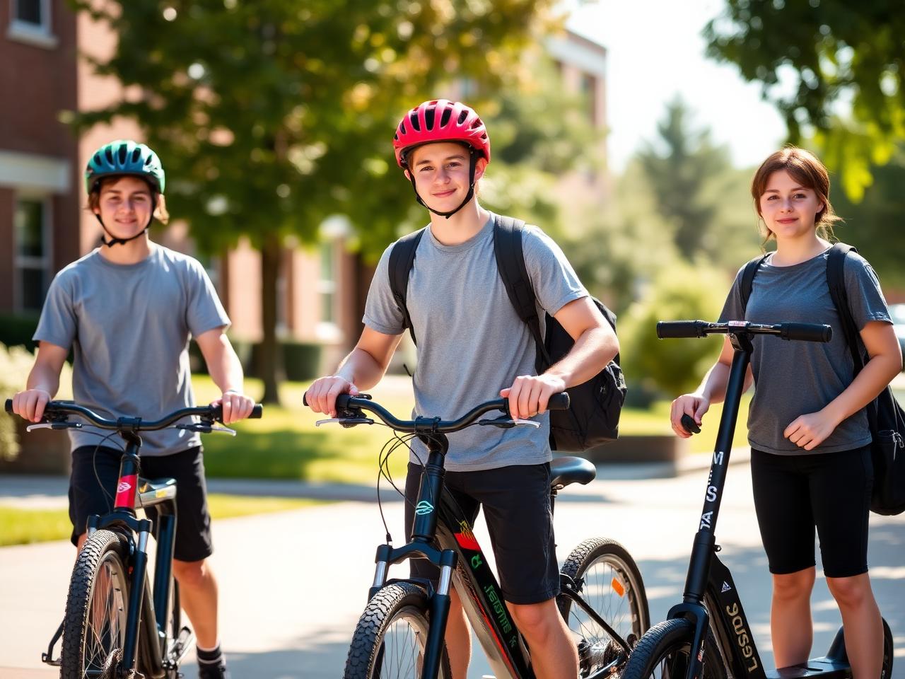 Students wearing helmets on campus with a bicycle, an electric bike, and a scooter