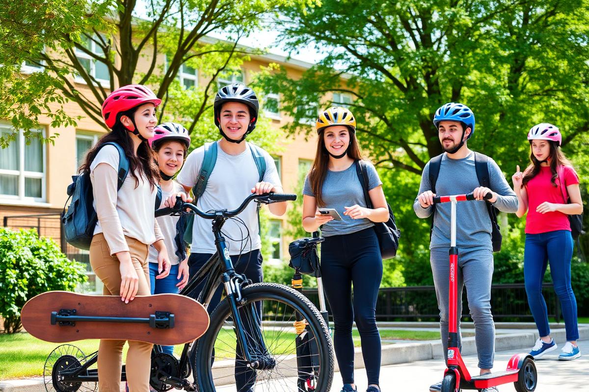 Students in helmets with a bicycle, a skateboard, and a scooter