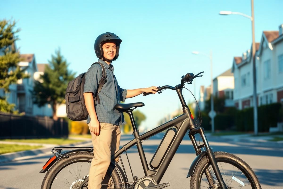 Student in a helmet standing with an electric bike