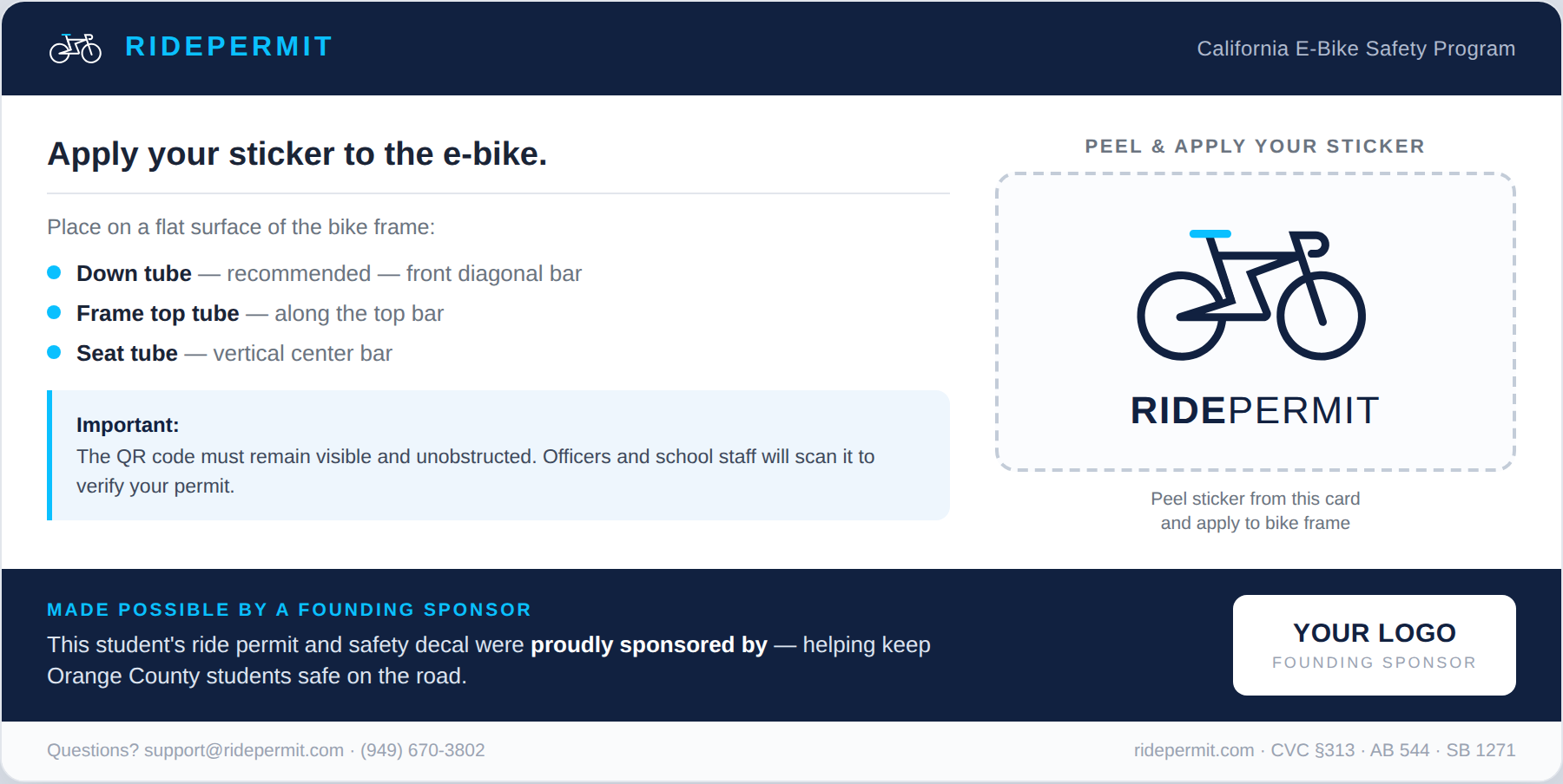 Example RidePermit safety instruction card printed with a sponsor's logo