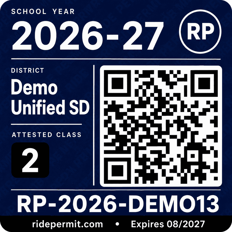 RidePermit 2026-27 school year permit decal with a scannable QR code