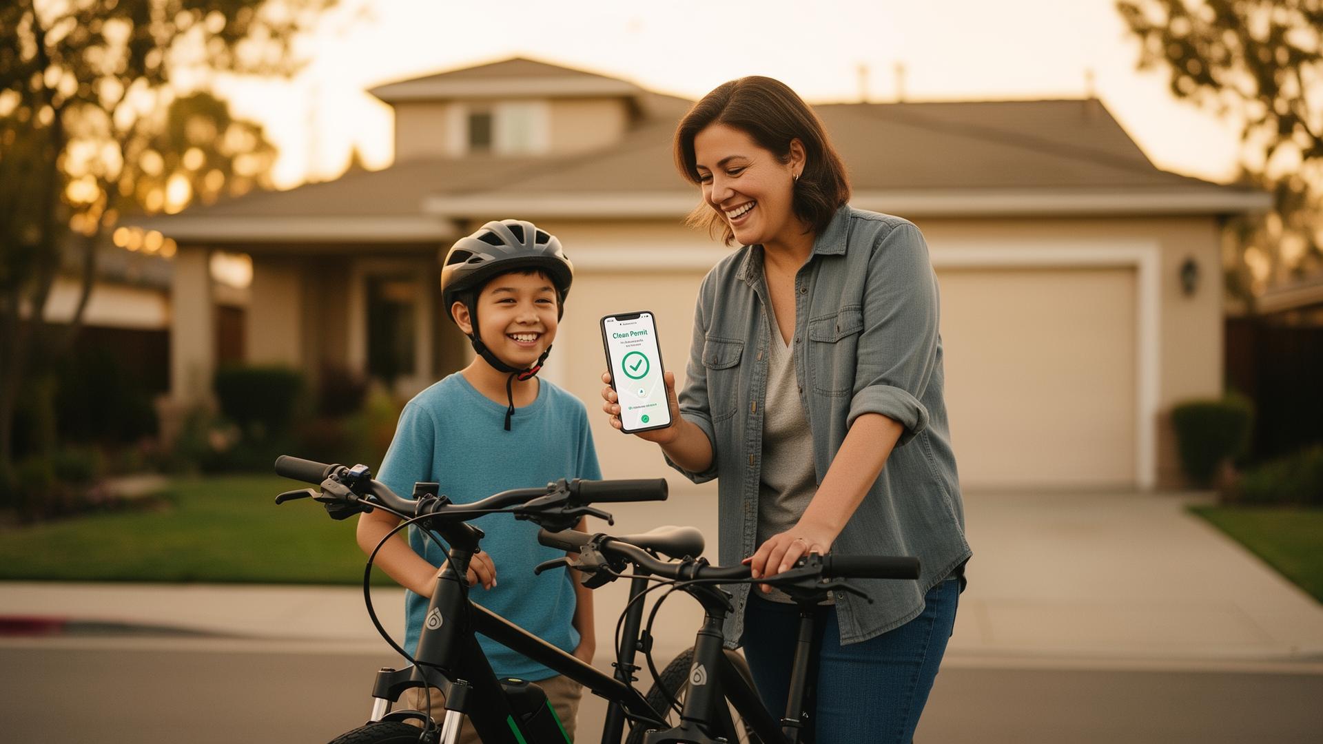 A parent and child stand with an e-bike in their driveway while the parent holds a phone showing an approved permit in the RidePermit app.