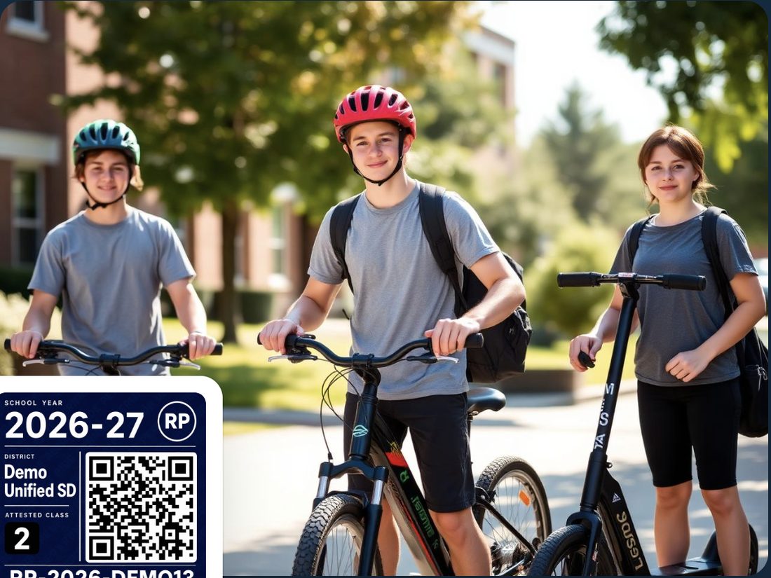 Students with bikes and a scooter outside school
