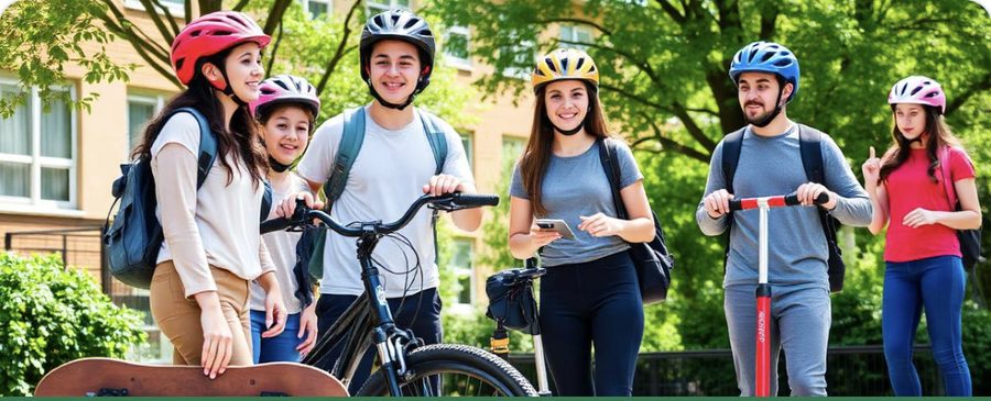 Students with bikes, a scooter, and a skateboard