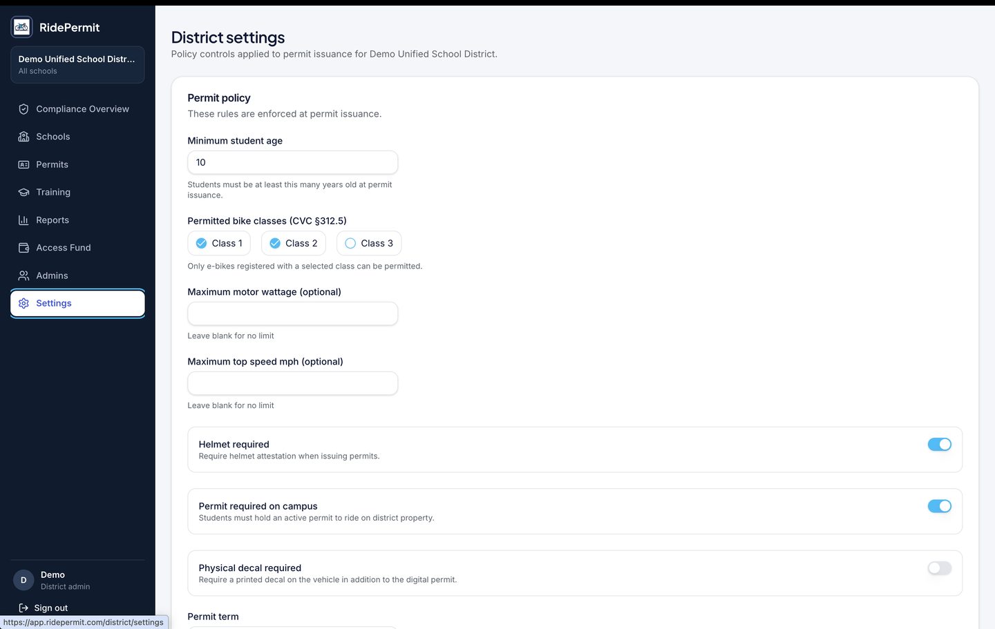 District settings screen